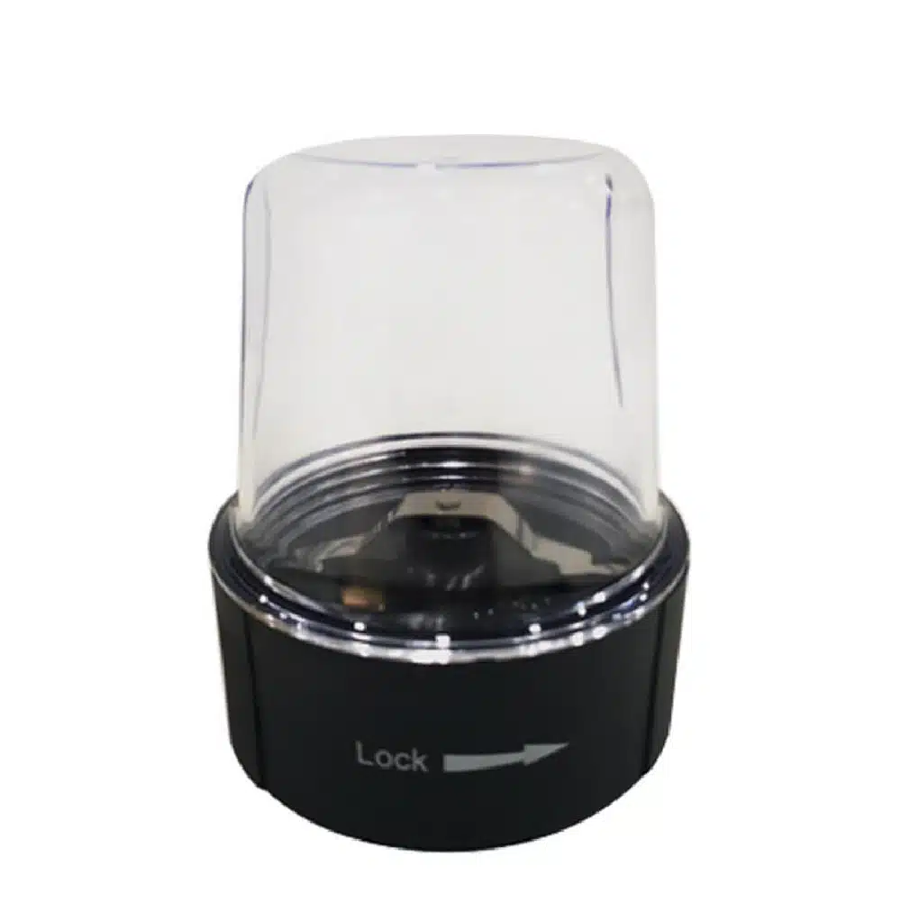 Dorsch hand blender mill grinder attachment with clear cup and lock arrow