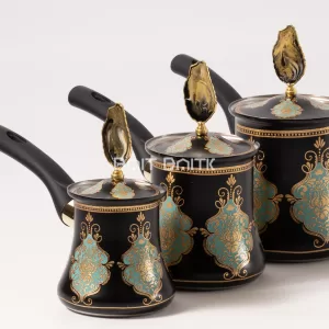 Luxury 3-piece Turkish coffee pot set in black with gold and turquoise pattern and decorative lids