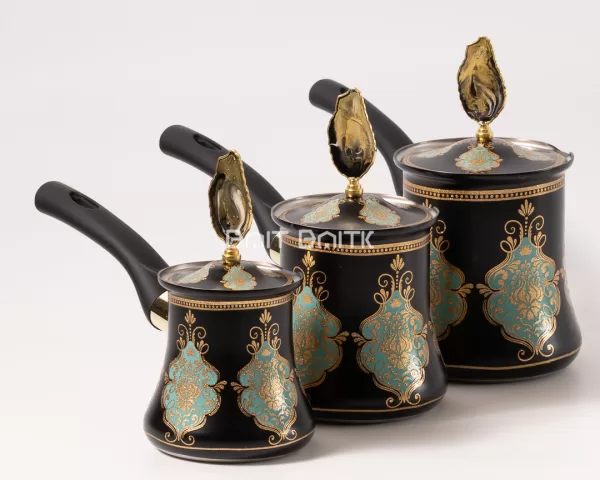 sk-3596-1 طقم ركوات قهوة تركية فاخرة 3 قطع – أسود مزخرف بالذهبي والتركواز مع أغطية - بيت بيتك لبنان