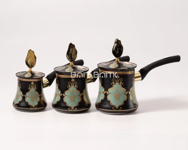 sk-3596 طقم ركوات قهوة تركية فاخرة 3 قطع – أسود مزخرف بالذهبي والتركواز مع أغطية - بيت بيتك لبنان