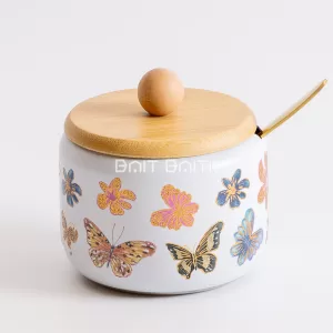 سكّرية الفراشات البيضاء بغطاء خشبي وملعقة ذهبية – White Butterfly Sugar Jar with Bamboo Lid