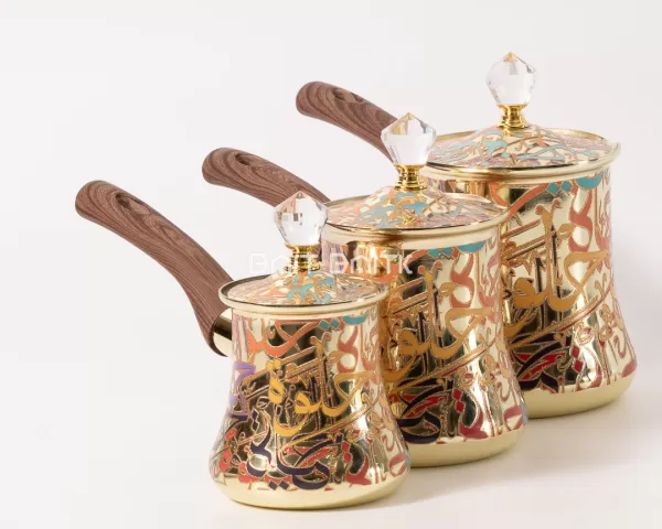 Luxury Turkish Coffee Pot Set – 3 Pieces – Gold Arabic Calligraphy with Wood Handles - Bait Baitk Lebanon