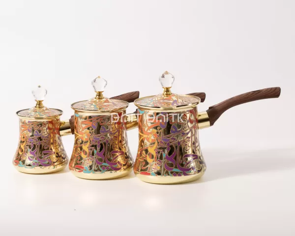 sk-4219 Luxury Turkish Coffee Pot Set – 3 Pieces – Gold Arabic Calligraphy with Wood Handles - Bait Baitk Lebanon