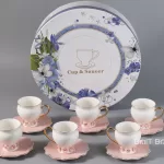 Pink Coffee Cup and Saucer Set – Porcelain, Gold Handle