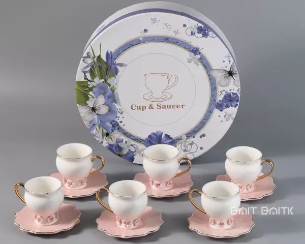 Pink Coffee Cup and Saucer Set – Porcelain, Gold Handle - Bait Baitk Lebanon