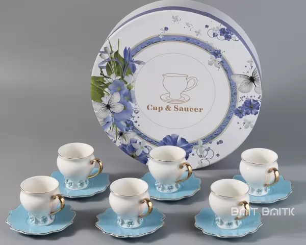 Blue Coffee Cup and Saucer Set – Porcelain, Gold Handle – 6 Pieces - Bait Baitk Lebanon
