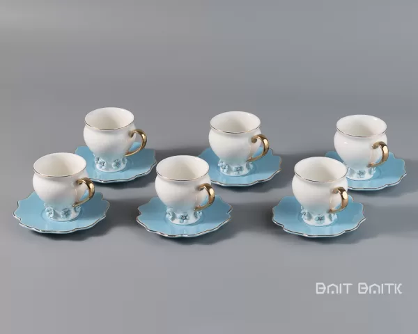 sk-4270-2 Blue Coffee Cup and Saucer Set – Porcelain, Gold Handle – 6 Pieces - Bait Baitk Lebanon
