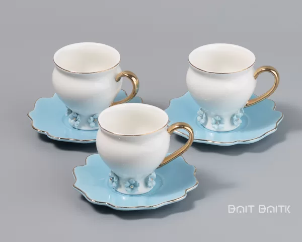 sk-4270-3 Blue Coffee Cup and Saucer Set – Porcelain, Gold Handle – 6 Pieces - Bait Baitk Lebanon