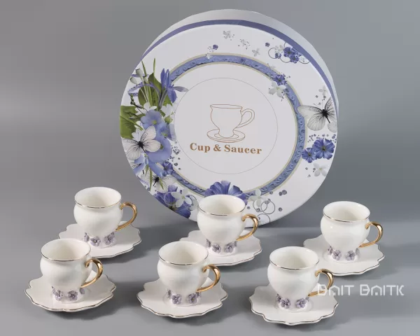 Lavender Coffee Cup and Saucer Set – Porcelain, 6 Pieces - Bait Baitk Lebanon