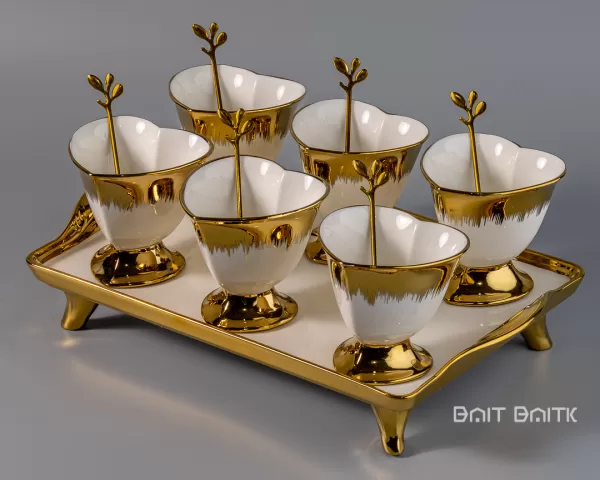 Gold Dessert Serving Set with Tray – 6 Bowls with Spoons - Bait Baitk Lebanon