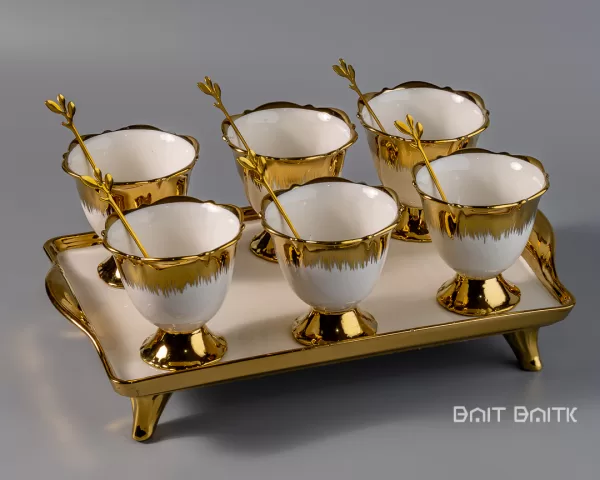 sk-4277-2 Luxury Gold Dessert Serving Set with Tray – 6 Bowls & Spoons - Bait Baitk Lebanon
