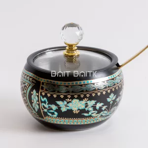 "Black and turquoise floral sugar jar with crystal knob, metallic lid, and gold spoon — luxurious oriental-style jar from Bait Baitk."