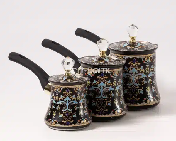 sk-4689-1 طقم ركوة قهوة مزخرف اسود – 3 قطع مع أغطية كريستال - بيت بيتك لبنان