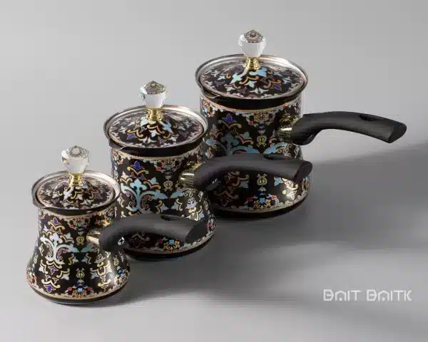 sk-4689-2 طقم ركوة قهوة مزخرف اسود – 3 قطع مع أغطية كريستال - بيت بيتك لبنان