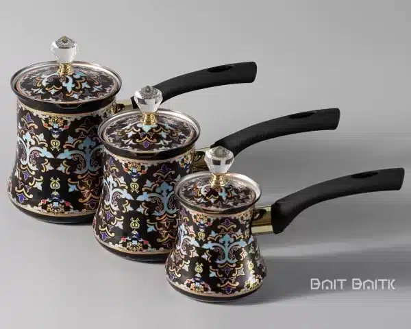 sk-4689-3 طقم ركوة قهوة مزخرف اسود – 3 قطع مع أغطية كريستال - بيت بيتك لبنان