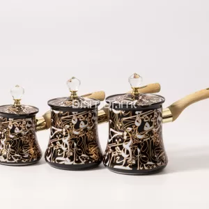 Set of 3 black Arabic calligraphy coffee pots with crystal lids