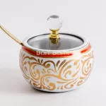 Stainless Sugar Jar with Red Trim White Gold Decorative Pattern