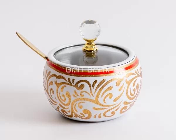 Stainless Sugar Jar with Red Trim White Gold Decorative Pattern - Bait Baitk Lebanon