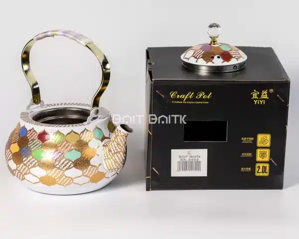 sk-3402-2 إبريق شاي فاخر أبيض بزخارف ملوّنة وذهبية – 2.0 لتر - بيت بيتك لبنان