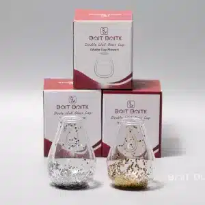 Two Bait Baitk double wall glass cups with silver and gold heart glitter and red boxes