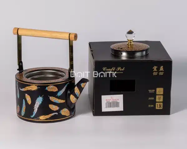 sk-3985-3 Feather Design Tea Pot Matte Black with Gold/Blue 1.5L - Bait Baitk Lebanon