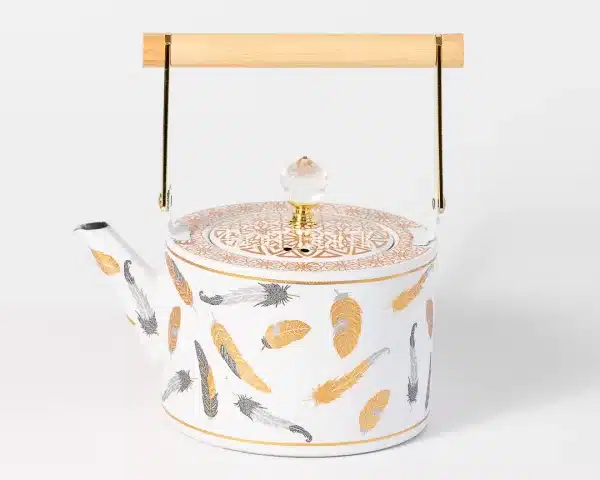 sk-3986-1 Feather Design Tea Pot – White with Gold/Gray – 1.5L - Bait Baitk Lebanon