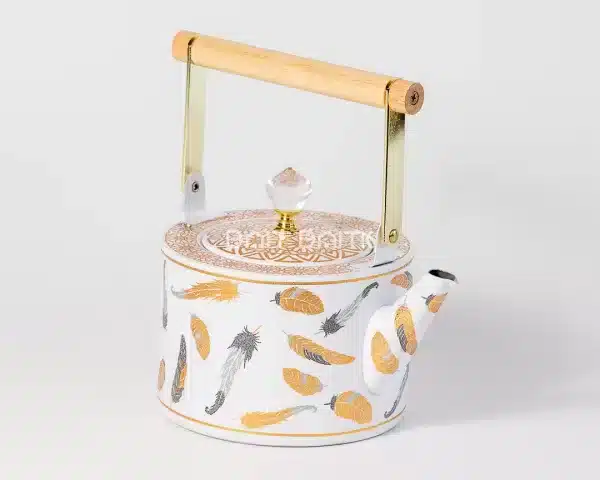 sk-3986-2 Feather Design Tea Pot – White with Gold/Gray – 1.5L - Bait Baitk Lebanon