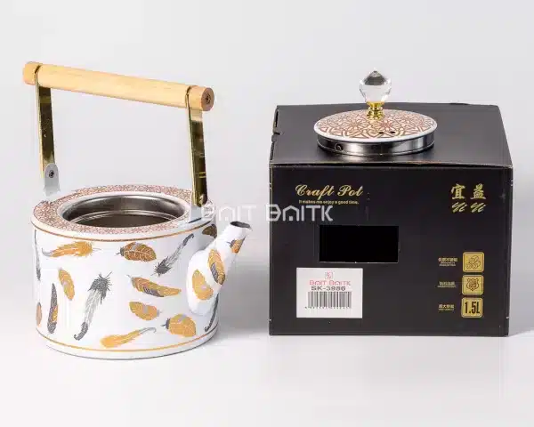 sk-3986 Feather Design Tea Pot – White with Gold/Gray – 1.5L - Bait Baitk Lebanon