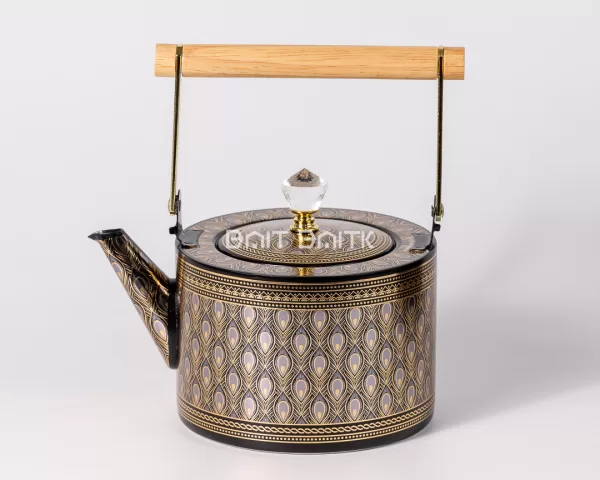 Luxury Black & Gold Peacock Pattern Tea Pot Wooden Handle 1.5L - Bait Baitk Lebanon