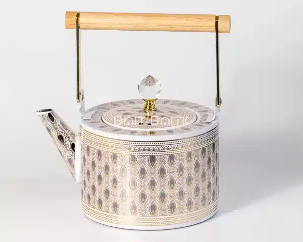 Luxury Stainless Steel Tea Pot with Feather Pattern – 1.5L (Wood Handle) - Bait Baitk Lebanon