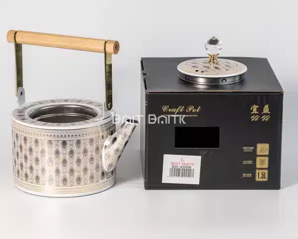 sk-4008 Luxury Stainless Steel Tea Pot with Feather Pattern – 1.5L (Wood Handle) - Bait Baitk Lebanon