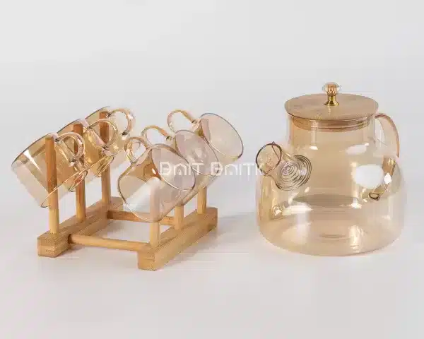 sk-3857-1 Glass Teapot Set with 6 Cups & Bamboo Lid – Bamboo Rack - Bait Baitk Lebanon