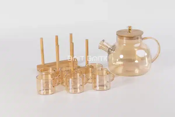 sk-3857-2 Glass Teapot Set with 6 Cups & Bamboo Lid – Bamboo Rack - Bait Baitk Lebanon