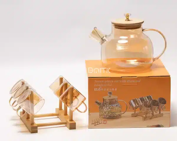 sk-3857-4 Glass Teapot Set with 6 Cups & Bamboo Lid – Bamboo Rack - Bait Baitk Lebanon