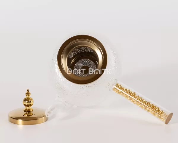 sk-3871-1 إبريق شاي زجاج مُحبّب مع فلتر ستانلس وغطاء ذهبي – مقبض خرز ذهبي - بيت بيتك لبنان