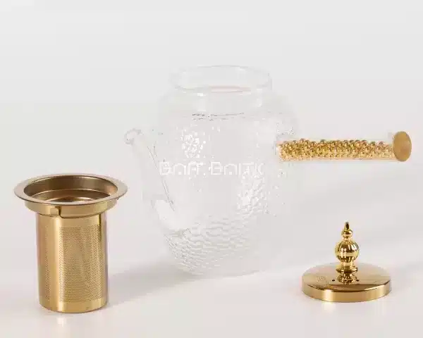 sk-3871-2 إبريق شاي زجاج مُحبّب مع فلتر ستانلس وغطاء ذهبي – مقبض خرز ذهبي - بيت بيتك لبنان