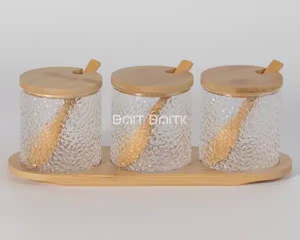 طقم سكريات 3 قطع مع قاعدة خشب بامبو