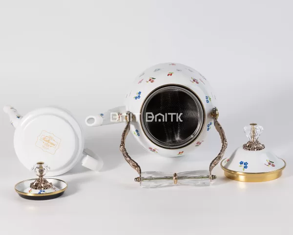 sk-4061-1 Enamel Tea Pot Set 2.5L + 1.0L – White Floral with Gold Accents - Bait Baitk Lebanon
