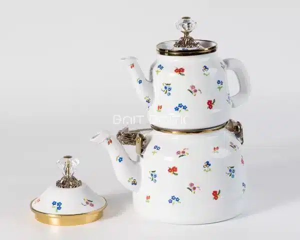 Enamel Tea Pot Set 2.5L + 1.0L – White Floral with Gold Accents - Bait Baitk Lebanon