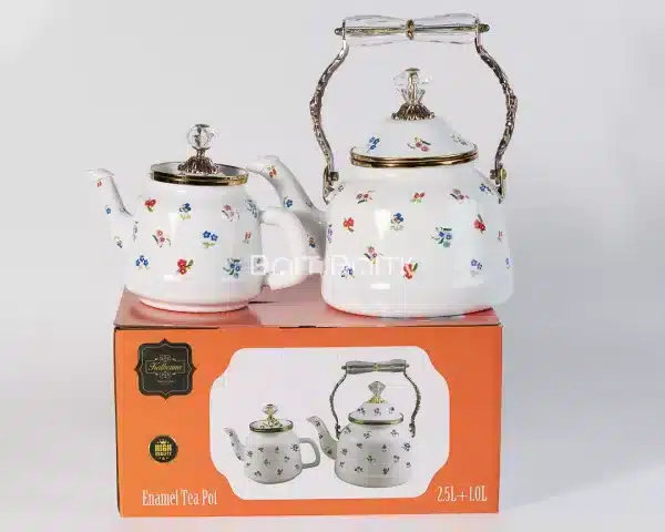 sk-4061-3 Enamel Tea Pot Set 2.5L + 1.0L – White Floral with Gold Accents - Bait Baitk Lebanon