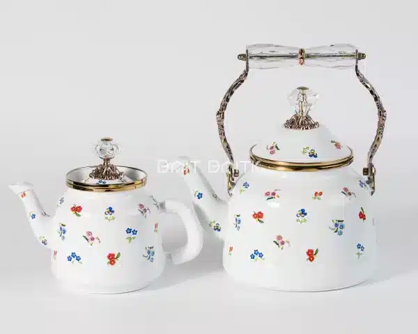sk-4061 Enamel Tea Pot Set 2.5L + 1.0L – White Floral with Gold Accents - Bait Baitk Lebanon