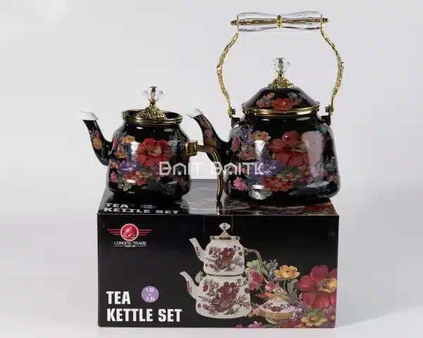 sk-4062-3 طقم غلاية شاي أسود مزهر 2.5 لتر + 1 لتر – لمسات ذهبية وغطاء كريستال - بيت بيتك لبنان