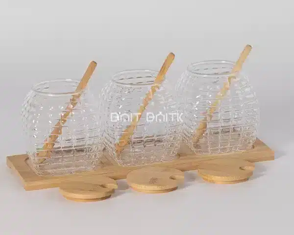 sk-3896-2 3-Piece Sugar Bowl Set with Bamboo Wooden Tray - Bait Baitk Lebanon