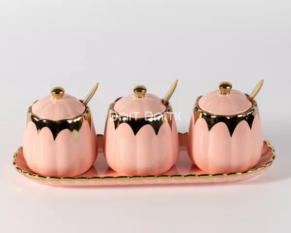 sk-4125-1 3-Piece Sugar Pot Set with Tray & Spoons – Pink & Gold - Bait Baitk Lebanon