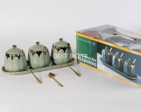 sk-4125-11 3-Piece Ceramic Sugar Pot Set – Sage Green & Gold - Bait Baitk Lebanon