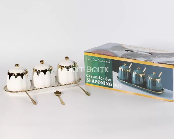 sk-4125-16 طقم سكريات سيراميك 3 قطع – أبيض مع ذهبي - بيت بيتك لبنان