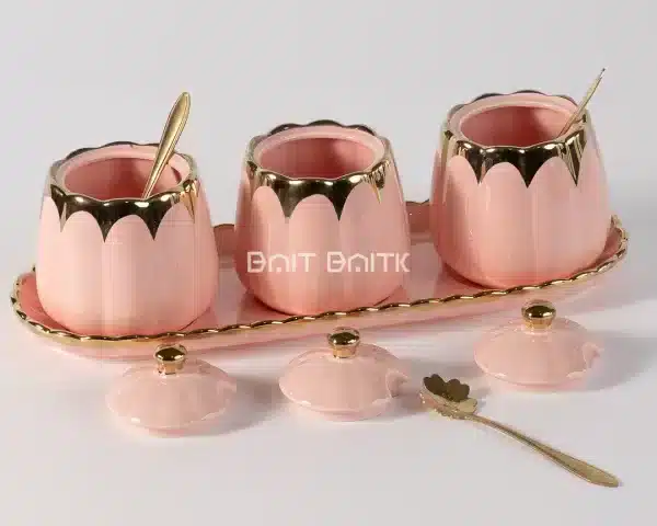 sk-4125-3 3-Piece Sugar Pot Set with Tray & Spoons – Pink & Gold - Bait Baitk Lebanon