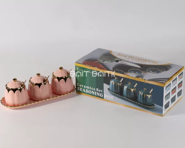 sk-4125-4 3-Piece Sugar Pot Set with Tray & Spoons – Pink & Gold - Bait Baitk Lebanon