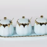 3-Piece Ceramic Sugar Pot Set with Tray – Light Blue & Gold
