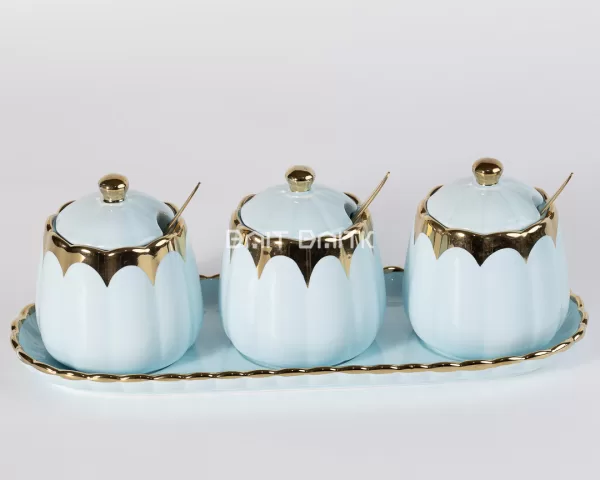 3-Piece Ceramic Sugar Pot Set with Tray – Light Blue & Gold - Bait Baitk Lebanon